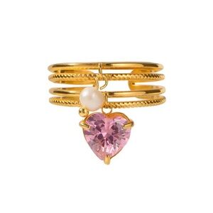 Pink Cz Heart Charm Ring Stainless Steel